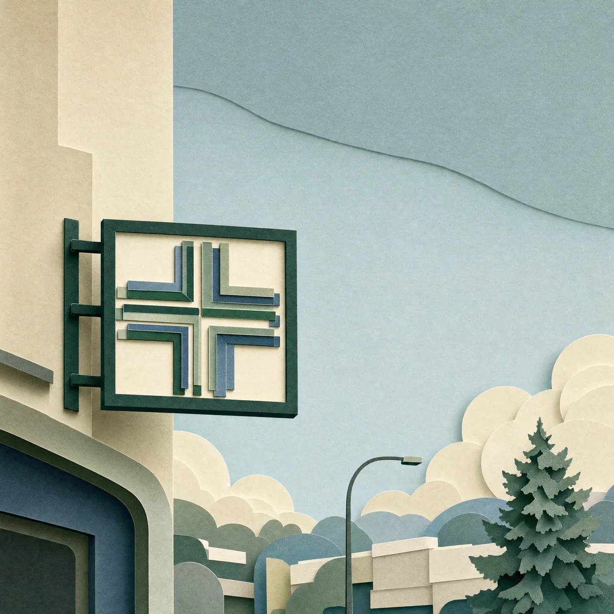 Layered paper illustration of the Penny Fausta cross sign in West Hillhurst